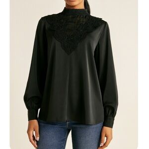 Eva Laurel blouse top black lace embroidered mock neck satin feel SZ 12 career